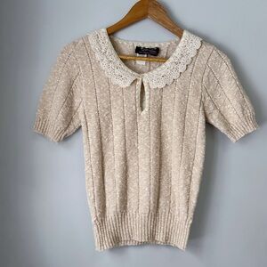 Quentin Knits Vintage Cream Lace Collar Short Sleeve Sweater Cottagecore Granny